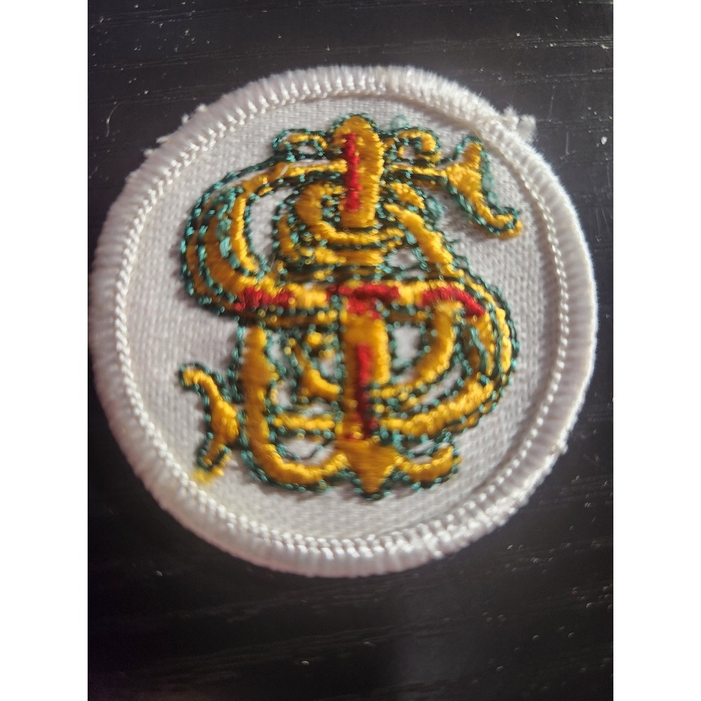 BSA Sea Scouts Patch Embroidered Stylized S Logo Anchor Sew On White Gold 1.75in